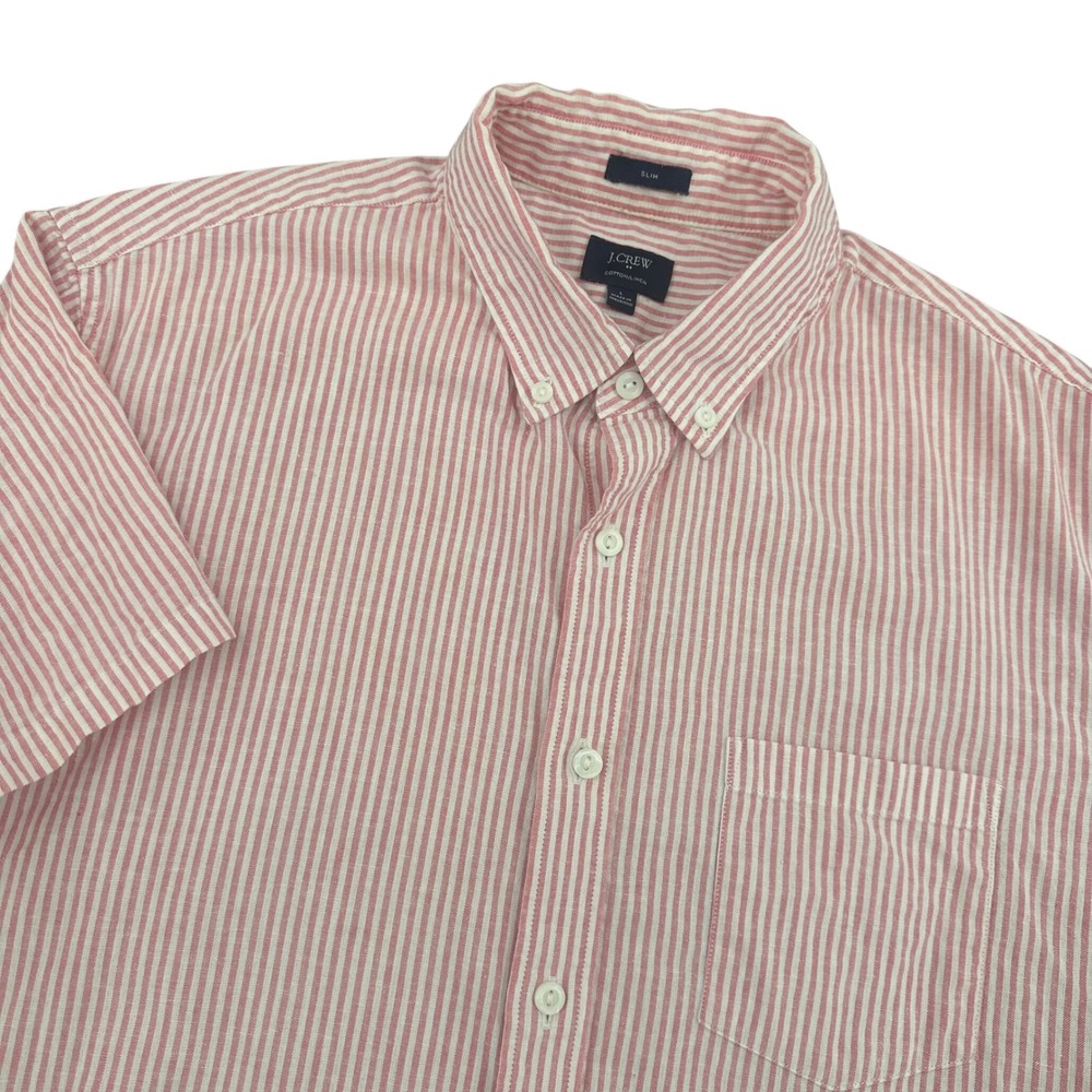 J.Crew Mens Large Slim Fit LINEN cotton Stripe Short Sleeve Button Down Shirt